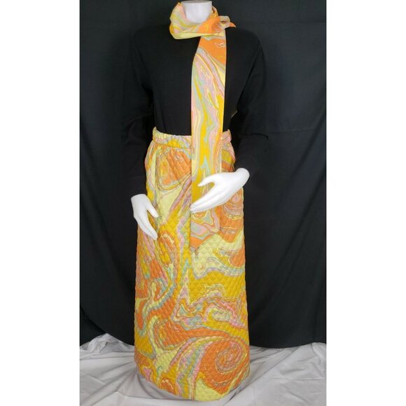 70s Bold Orange Oil Slick Quilted Maxi Skirt Sz 10 Park East by Swirl Mod Op Art - Picture 2 of 15